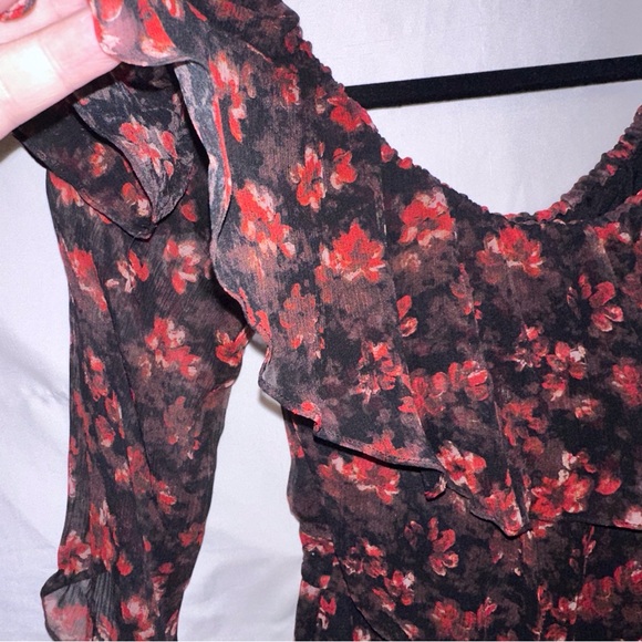 Rachel Zoe Silk Size 4 Black and Red Floral Print Jumpsuit Wide Leg Ruffled - Picture 4 of 14